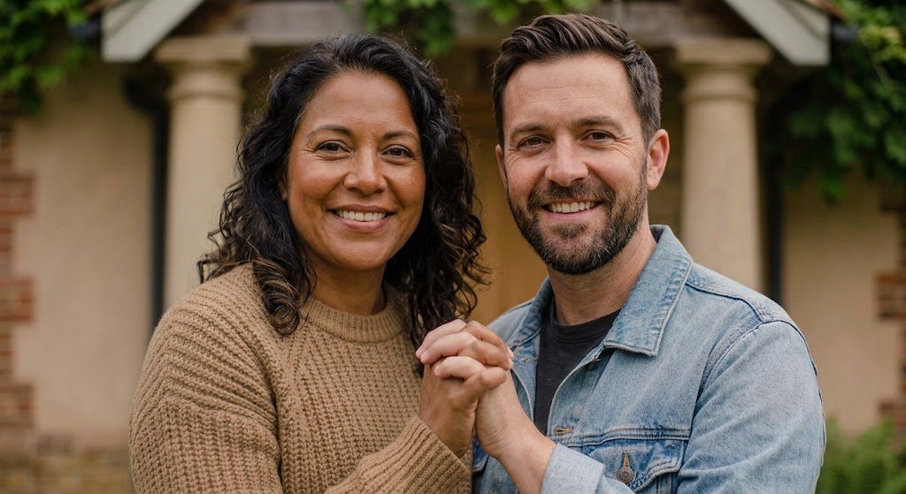 Pareja de propietarios sonriendo frente a su casa